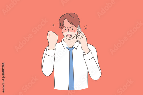 Anger, rage, aggression concept. Young furious businessman talking on smartphone in at office feeling annoyed and frustrated, shouting with anger and showing fist vector illustration 