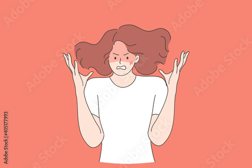 Anger, rage, screaming concept. Young mad crazy teen girl cartoon character gesturing with hands and shouting with anger and negative emotions vector illustration 