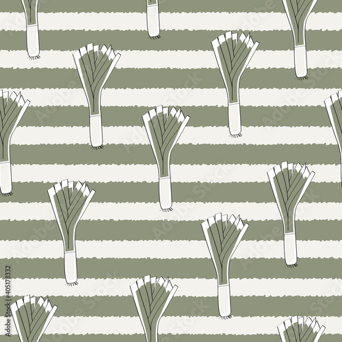 Vector Vegetables Leeks on White and Green Stripes Seamless Repeat Pattern. Background for textiles, cards, manufacturing, wallpapers, print, gift wrap and scrapbooking.