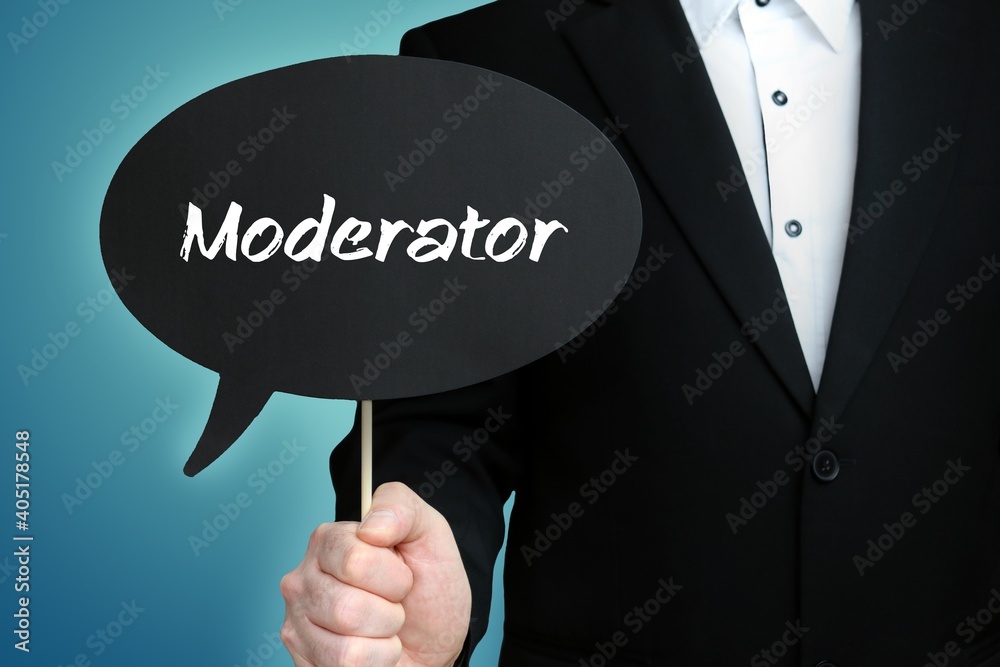Moderator. Lawyer (Man) holds the sign of a speech bubble in his hand. Text on the label. Blue background - obrazy, fototapety, plakaty 