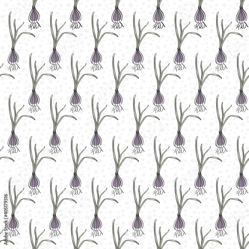 Vector Vegetables Purple Shallots on White Seamless Repeat Pattern. Background for textiles, cards, manufacturing, wallpapers, print, gift wrap and scrapbooking.