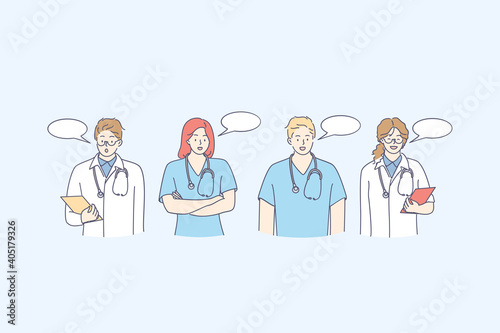 Medical workers doctors communication concept. Young medical staff people cartoon characters standing and talking with speech bubbles vector illustration. Doctor, surgeon, physician, paramedic, nurse