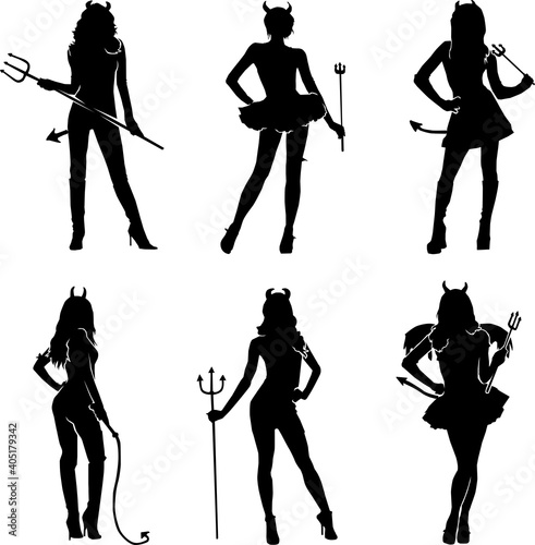 collection of female costume player wearing devil costume for halloween silhouet Fototapete