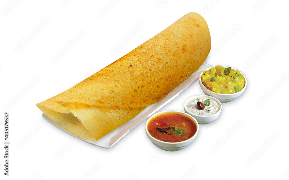 South Indian Masala Dhosa or dosa served with sambhar, coconut chutney