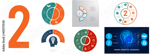 Set 6 universal templates for Infographics conceptual cyclic processes for 2 positions possible to use for workflow, banner, diagram, web design, timeline, area chart,number options