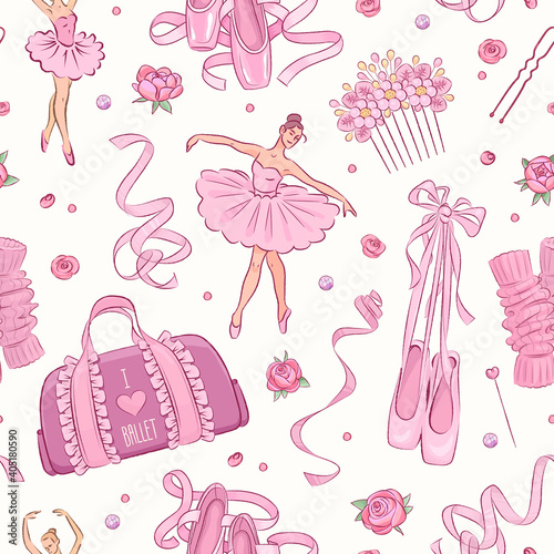 Seamless pattern with hand drawn ballet school elements