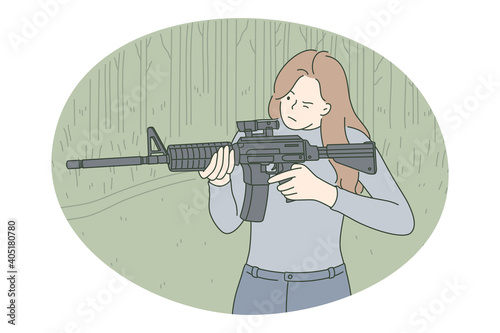 Weapons and gun concept. Young woman cartoon character in grey clothing standing in forest and aiming to shoot with gun vector illustration 