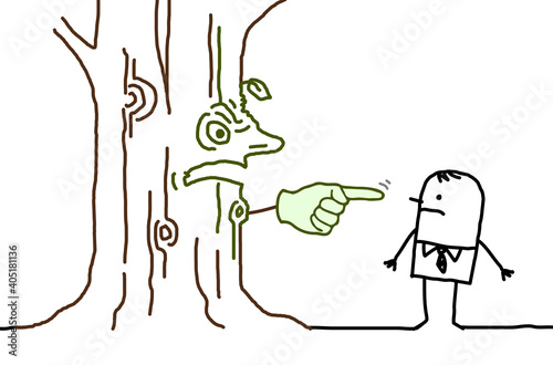 Angry Cartoon Tree Trunk Pointing Finger on a Businessman
