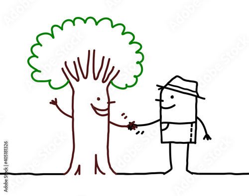 Cartoon smiling Tree-Man Shaking Hands with a Gardener