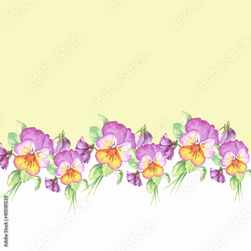 flowers border with watercolor pansy