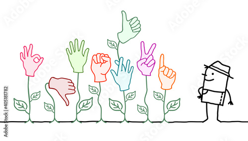 Cartoon Gardener with Communicating Plants with hands Signs