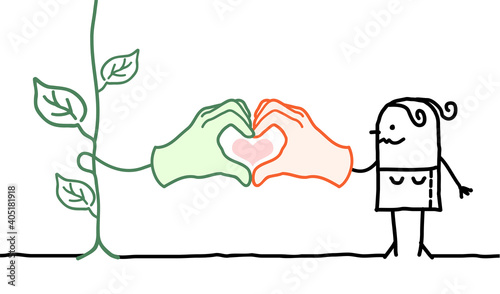 Cartoon Woman and Green Plant, making a Heart Hands Sign