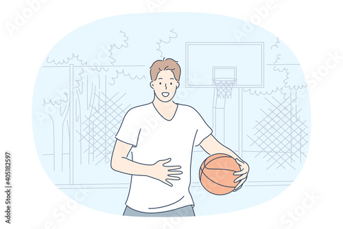 Basketball, sport, street activity concept. Young smiling boy playing street basketball on playground outdoors in summer vector illustration 