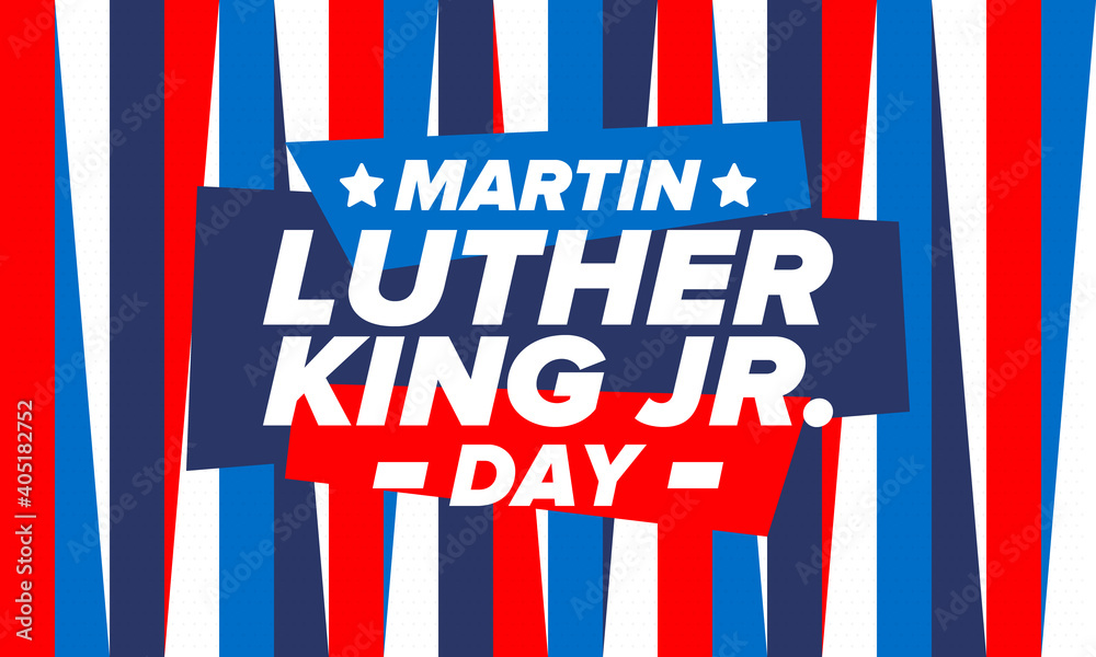 Martin Luther King, Jr. Day. Celebrated annual in United States in January, federal holiday. African American Rights Fighter. Patriotic american elements. Poster, card, banner, background. Vector