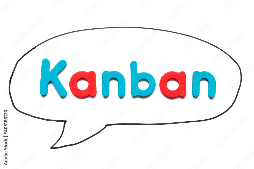 Fototapeta premium Alphabet letter with word kanban in black line hand drawing as bubble speech on white board background