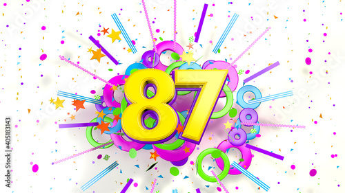 Number 87 for promotion, birthday or anniversary over an explosion of colored confetti, stars, lines and circles on a white background. 3d illustration