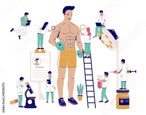 Sports medicine. Tiny doctors examining huge patient athlete, bodybuilder in office, hospital, flat vector illustration. Sports medical check up, examination.