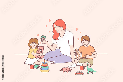 Playing with children, nanny, mother concept. Young smiling woman teacher and happy toddlers children boy and girl building pyramid using hoops at kindergarten or at home vector illustration 