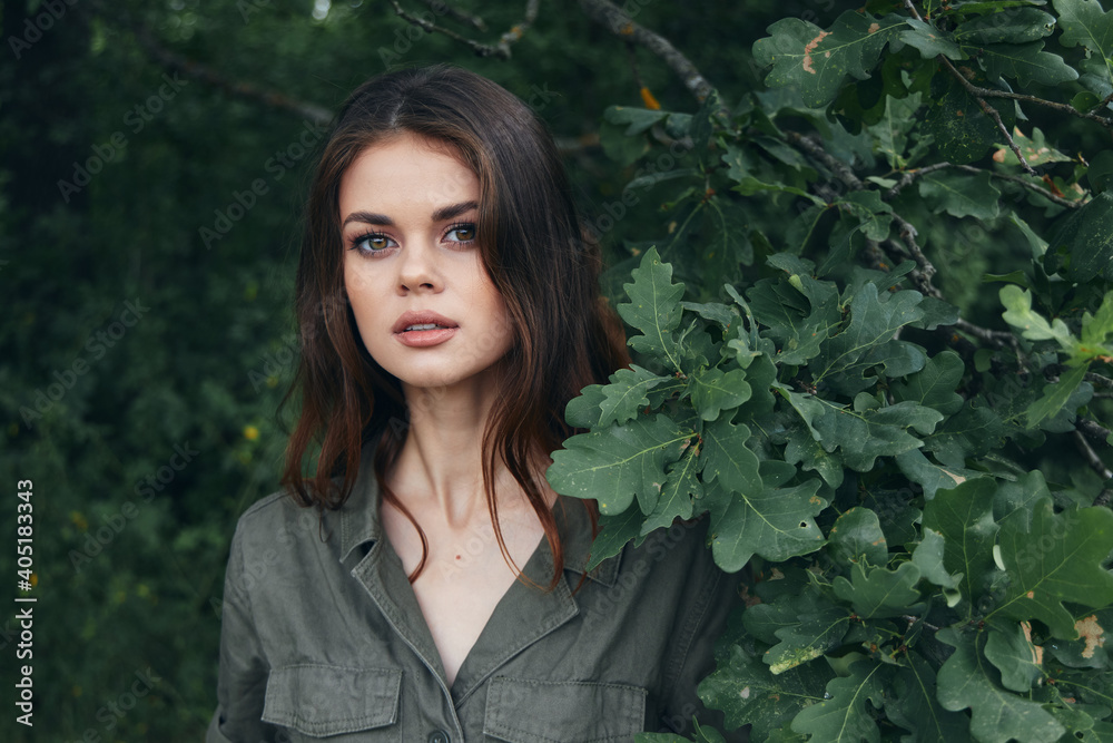 Woman outdoors Look forward green bush nature summer 