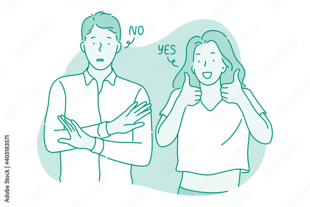 Various emotions and contrasts in couple concept. Young frustrated man standing showing no protest sign with hands while his positive smiling girlfriend showing thumbs up positive gesture with fingers Various emotions and contrasts in couple concept. Young frustrated man standing showing no protest sign with hands while his positive smiling girlfriend showing thumbs up positive gesture with fingers