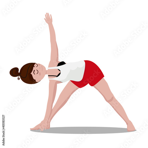 Woman in bright home clothes doing yoga. Isolated on white cartoon flat style vector illustration.