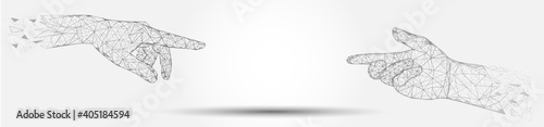 Two human hands reaching for each other, vector banner design template. Low poly art, polygonal wireframe mesh. Innovations, future technologies concept.