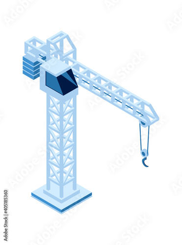 Construction crane isometric icon, machine for lifting loads to great height isolated vector illustration