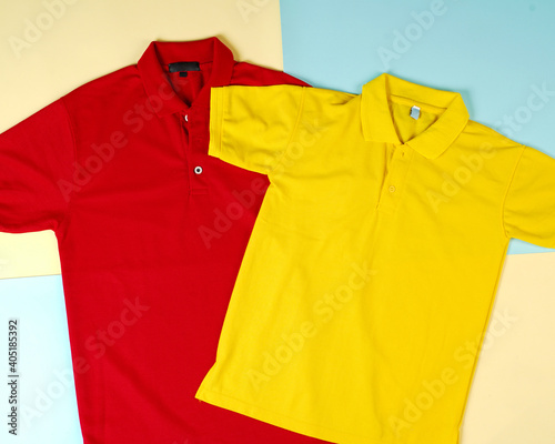 Blank collared shirt mock up template, front and back view, isolated background, blank red and yellow polo shirt. Polo shirt design, template and mockup for print.