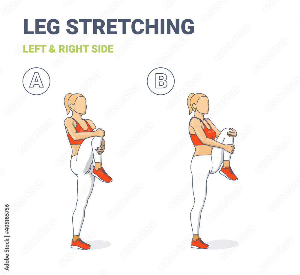 Standing Gluteus Maximus Stretch Girl Home Workout Exercise Guide. Female Doig Relaxation Leg Stretching. Stock Adobe Stock
