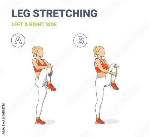 Standing Gluteus Maximus Stretch Girl Home Workout Exercise Guide. Female Doig Relaxation Leg Stretching.