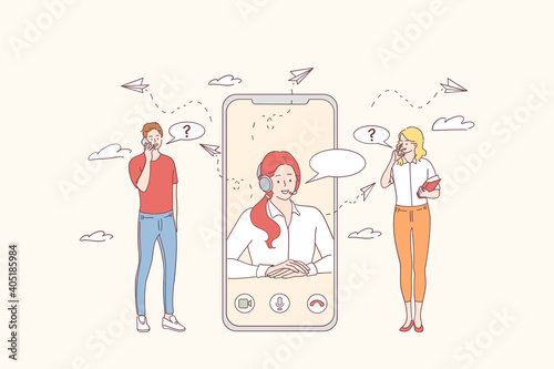 Customer support and online support call center concept. Young people cartoon characters talking with customer support operator representative online on smartphone vector illustration 
