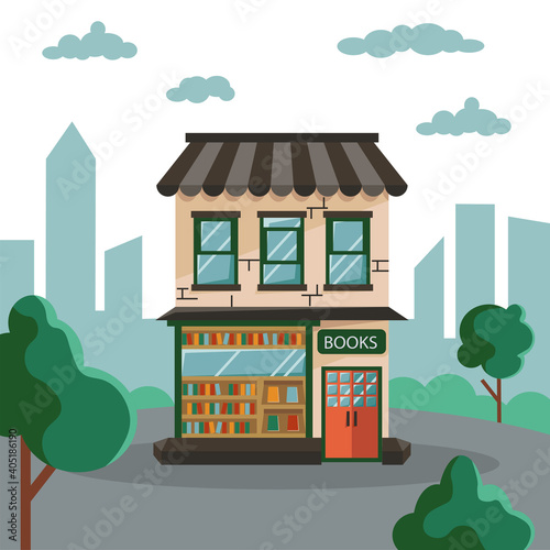 Fototapeta Naklejka Na Ścianę i Meble -  Urban landscape with bookstore window. Facade store building in flat style. Urban small shop isolated on white background. Vector illustration