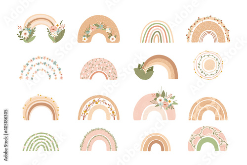 Collection cute rainbows with flowers in pastel colors isolated on white background for kids. Illustration in hand drawn style for posters, prints, cards, fabric, children's books. Vector