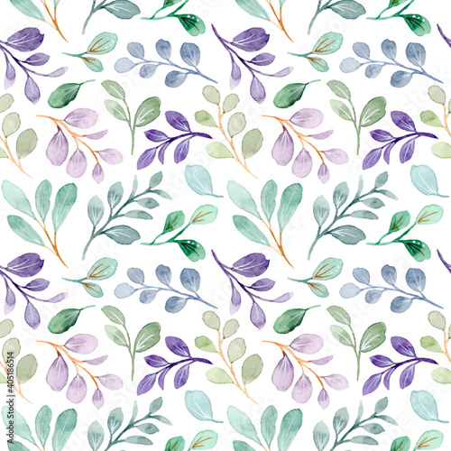 Green purple leaves watercolor seamless pattern