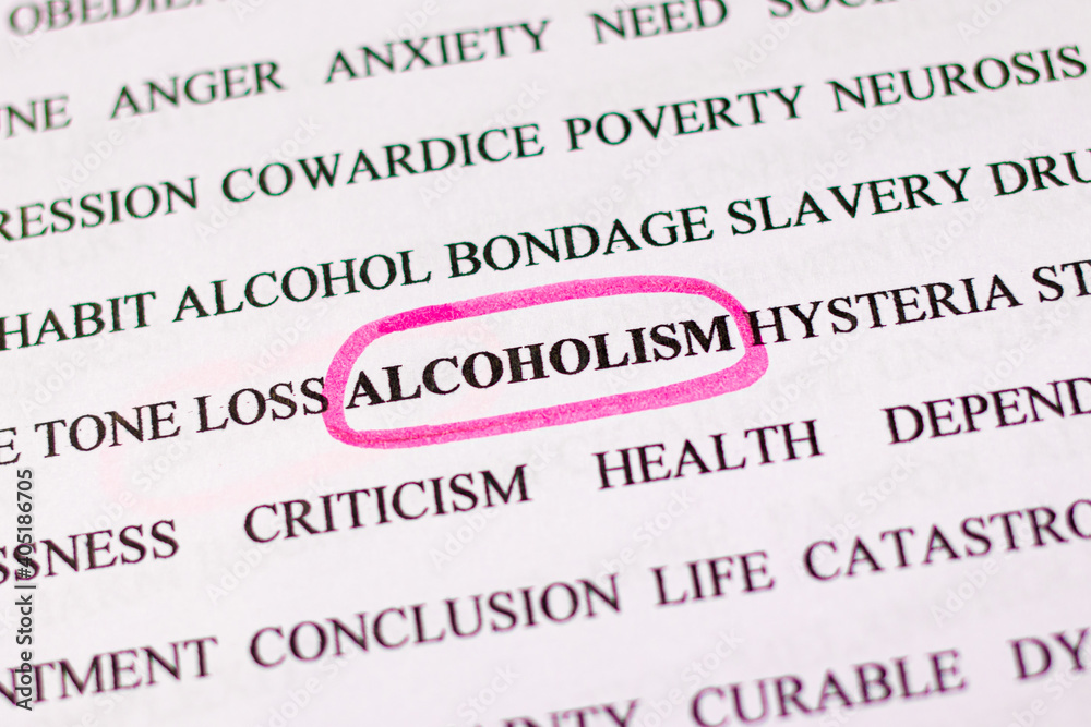 Highlighting the word alcoholism in in english word set with a pink marker. The problem of alcohol dependence, for social advertising. Bad habit. Magnifying glass view. Highlighting the word alcoholism in in english word set with a pink marker. The problem of alcohol dependence, for social advertising. Bad habit. Magnifying glass view.