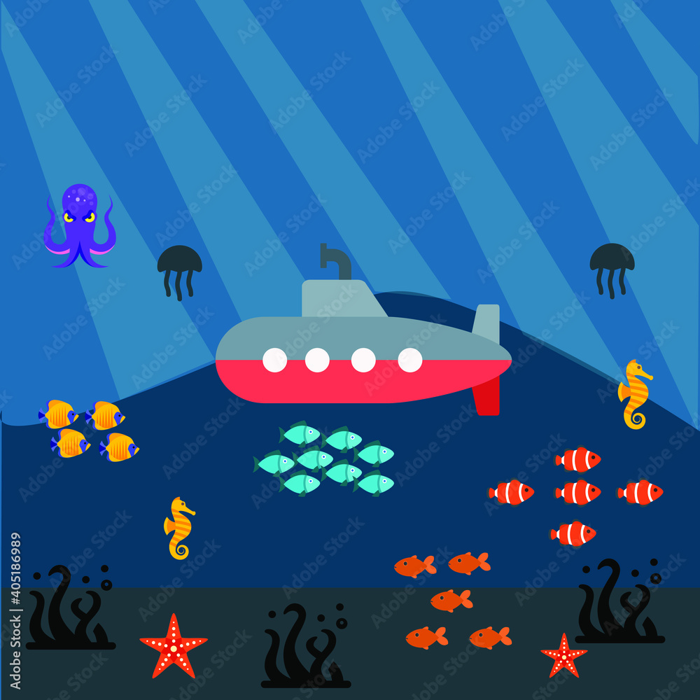 Naklejka premium submarine in underwater with sea animals of jelly fish sea horse gold fish octopus starfish algae flat concept icon design