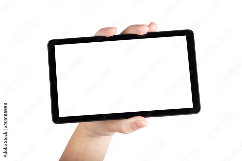 Hands holding and point on digital tablet isolated in white background Hands holding and point on digital tablet isolated in white background