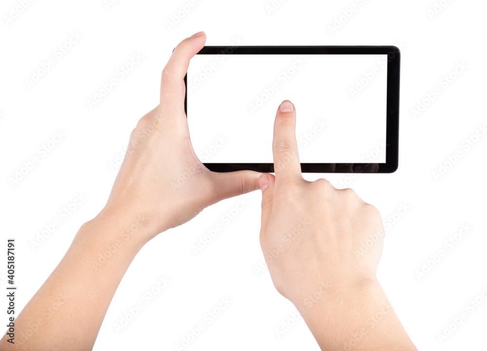 Hands holding and point on digital tablet isolated in white background