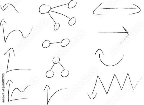 Abstract simple arrow vectors. Simple arrow icons. Doodle writing design. Geometric arrows. Hand drawings. Presentation arrows. Arrows and circle hand drawings.