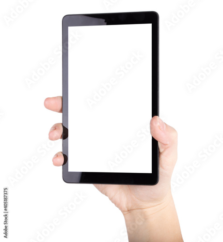 Hands holding and point on digital tablet isolated in white background