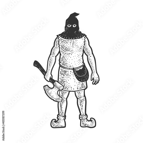 medieval executioner sketch engraving vector illustration. T-shirt apparel print design. Scratch board imitation. Black and white hand drawn image.