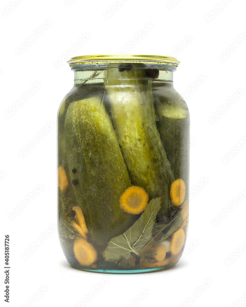 glass jar of pickled cucumbers on white background glass jar of pickled cucumbers on white background