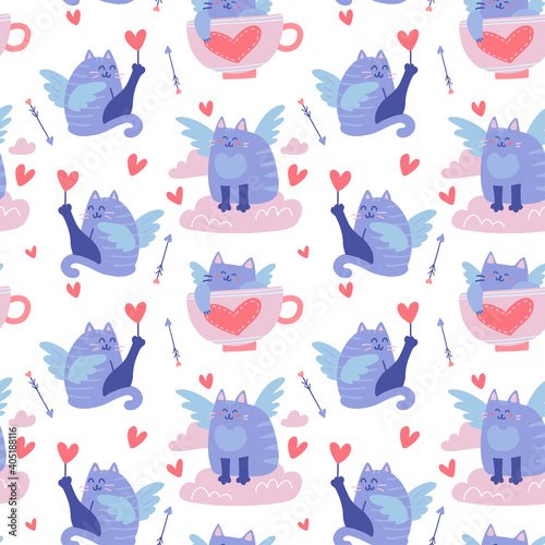 Seamless pattern with funny winged cats, feline cupids in clouds, hearts. Creative background on Valentine's day greetinc card. Flat vector illustration.