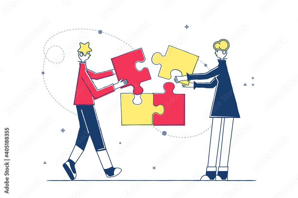Business team character solving jigsaw pieces together isolated on white. vector illustration. cartoon partners man and woman working in connection. teamwork, partnership and cooperation concept Business team character solving jigsaw pieces together isolated on white. vector illustration. cartoon partners man and woman working in connection. teamwork, partnership and cooperation concept