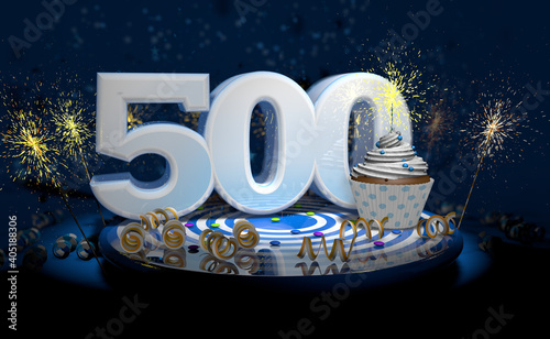 500th birthday or anniversary cupcake with big white number with yellow streamers on blue table with dark background full of sparks. 3d illustration photo