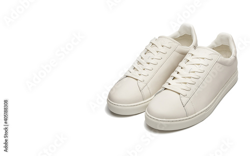 White fashion sneakers on white background. copy space. 
