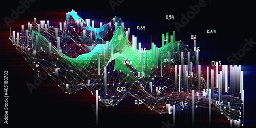 Big data. Abstract background polygonal wave grid with data and blurred lines on dark. Concept blockchain. Banner for business, science and technology.