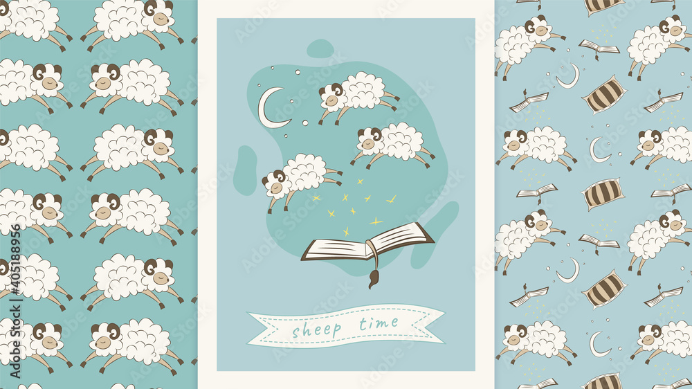 Naklejka premium Sleep time - Sheep time. Seamless pattern for wallpaper or bedding in the kids room. Cartoon poster on the wall. Funny gift card. Count the lambs before bed. Children's prints.