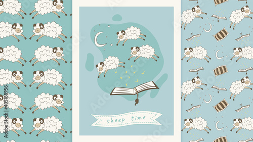 Sleep time - Sheep time. Seamless pattern for wallpaper or bedding in the kids room. Cartoon poster on the wall. Funny gift card. Count the lambs before bed. Children's prints.