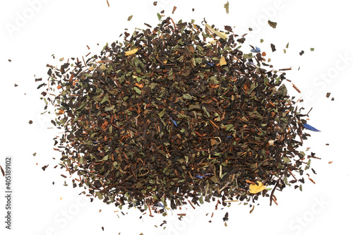 A mixture of black tea with dried herbs.